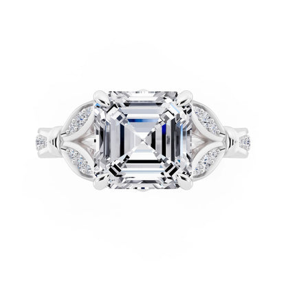 18 KT White Gold Asscher Cut Diamond Ring with Lotus Collar - top angle