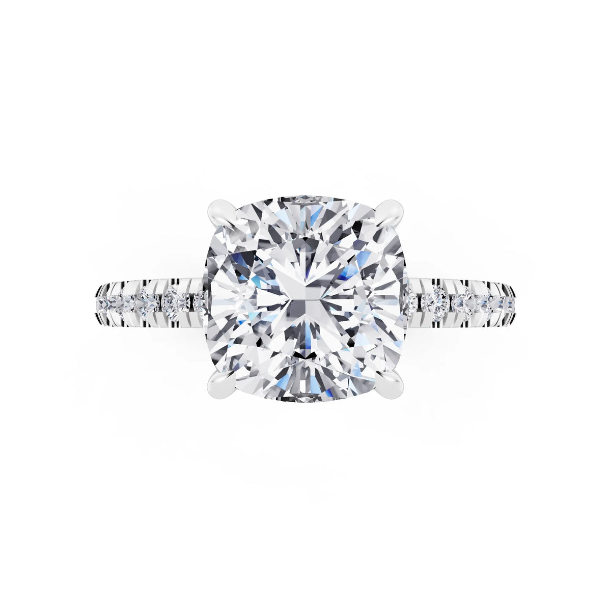 18 KT White Gold Cushion Cut Diamond Solitaire Ring with Marquise Collar - top angle