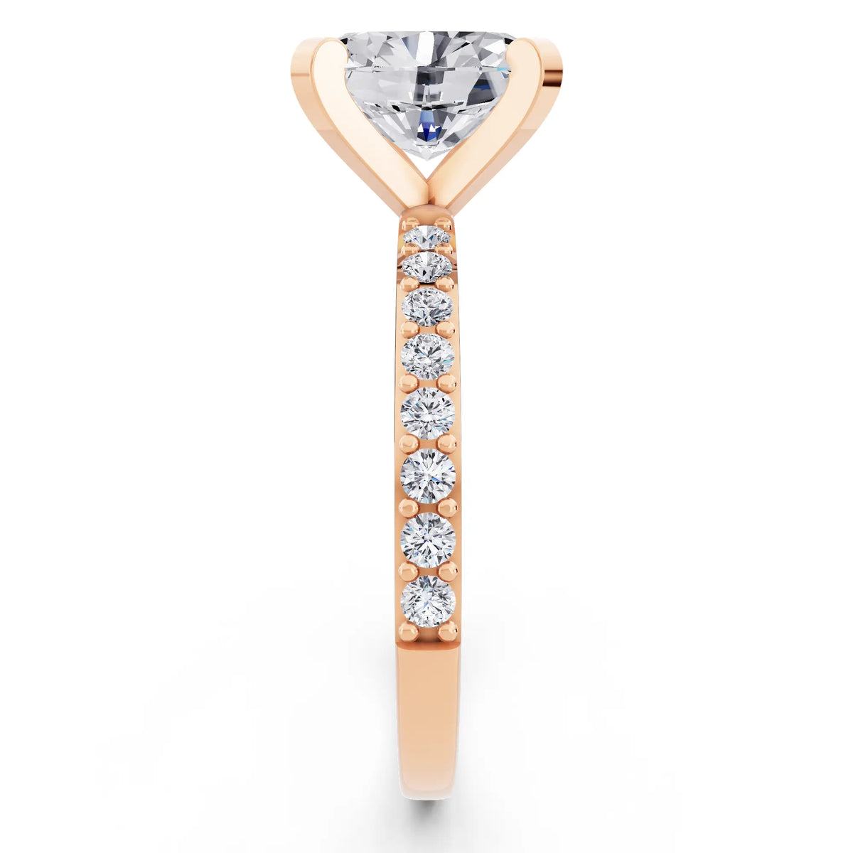 14 KT Rose Gold Oval Cut Diamond Solitaire Ring with Pave Shank - side view