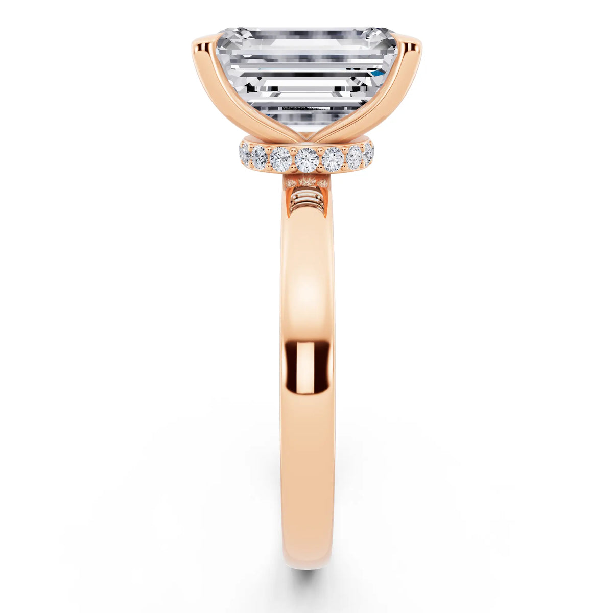 18 KT Rose Gold Emerald Cut Diamond Solitaire Ring with Pave Collar - side view