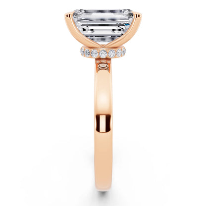 18 KT Rose Gold Emerald Cut Diamond Solitaire Ring with Pave Collar - side view