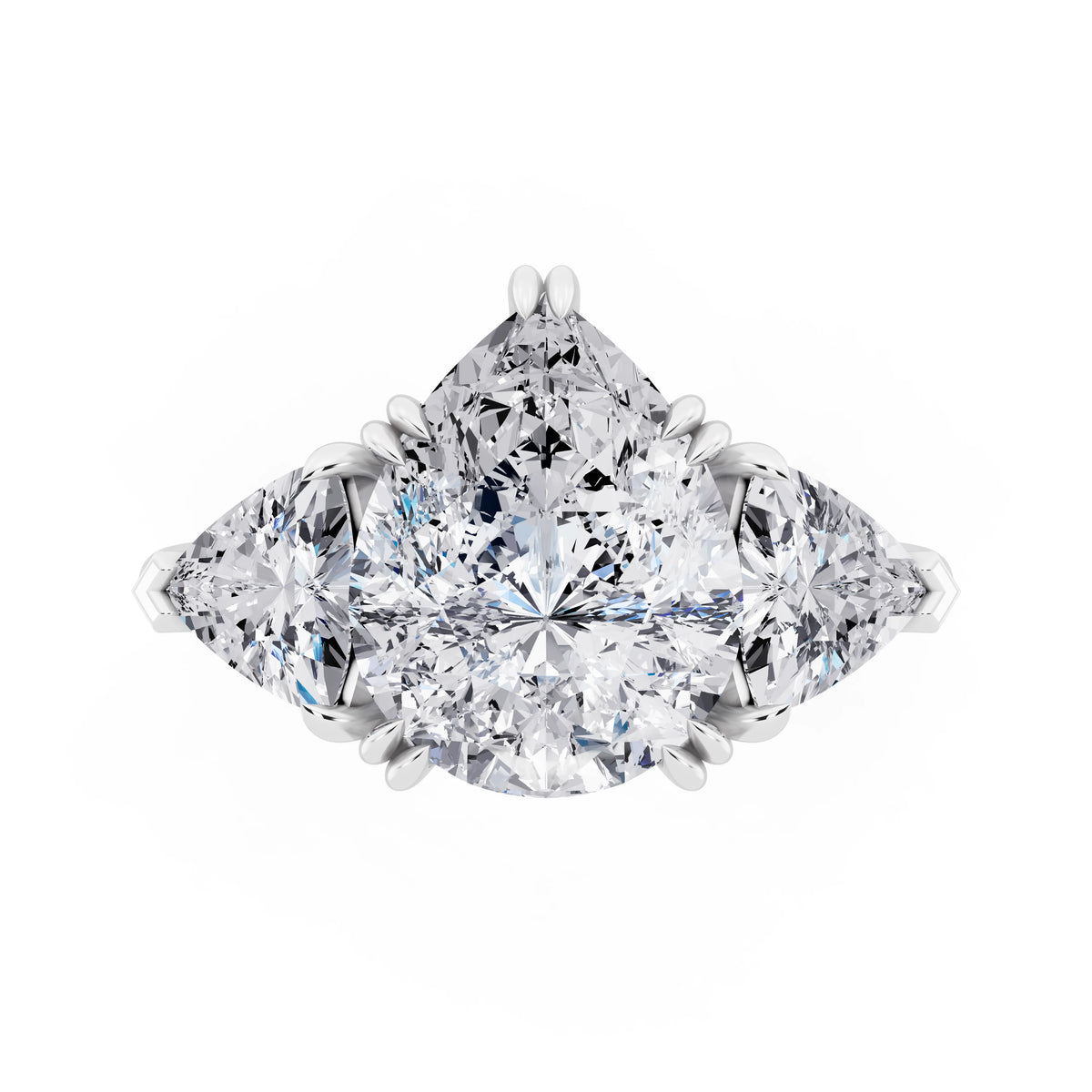 14 KT White Gold Pear Cut Diamond Three Stone Ring with Trillion Accents - top angle