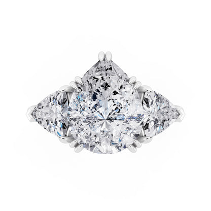 14 KT White Gold Pear Cut Diamond Three Stone Ring with Trillion Accents - top angle