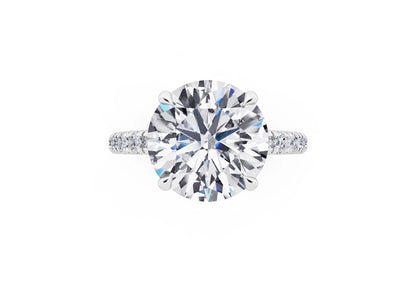 18 KT White Gold Round Cut Diamond Solitaire Ring with Hidden Halo and French Pave Band - top angle