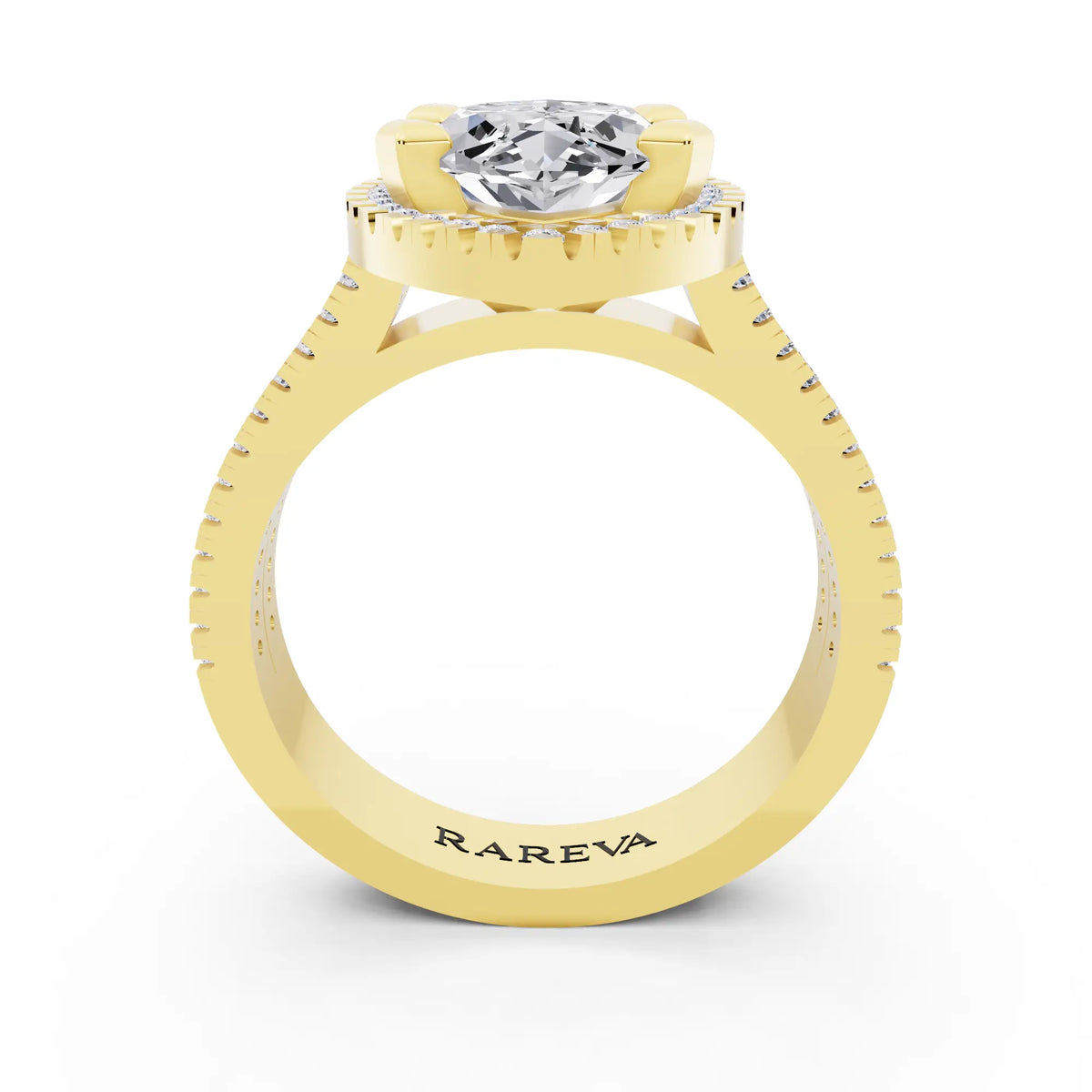 14 KT Yellow Gold Marquise Cut Diamond Halo Ring with Twin Pave Band - through finger
