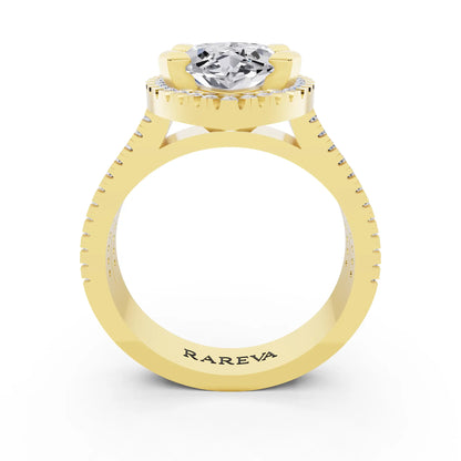14 KT Yellow Gold Marquise Cut Diamond Halo Ring with Twin Pave Band - through finger