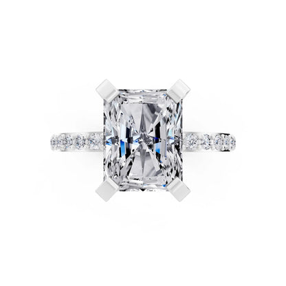 14 KT White Gold Radiant Cut Diamond Solitaire Ring with Pave Shank - top angle