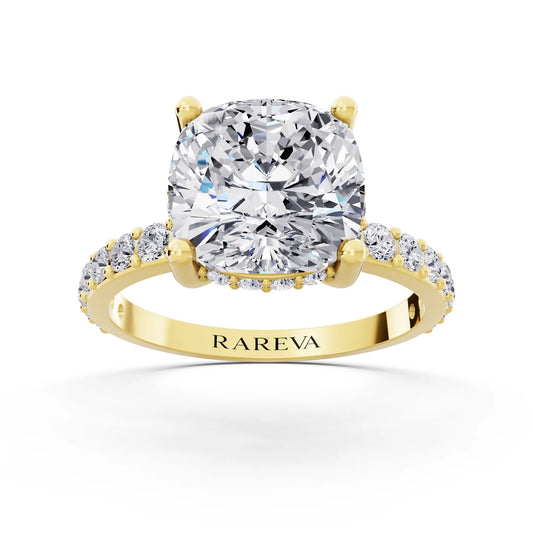 18 KT Yellow Gold Cushion Cut Diamond Solitaire Ring with Hidden Halo and Pave Band - front view