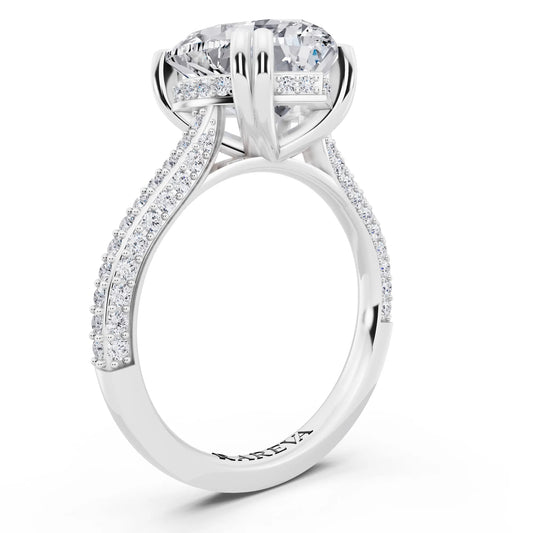 18 KT White Gold Heart Cut Diamond Hidden Halo Double Claw Pave Band Ring - top view
