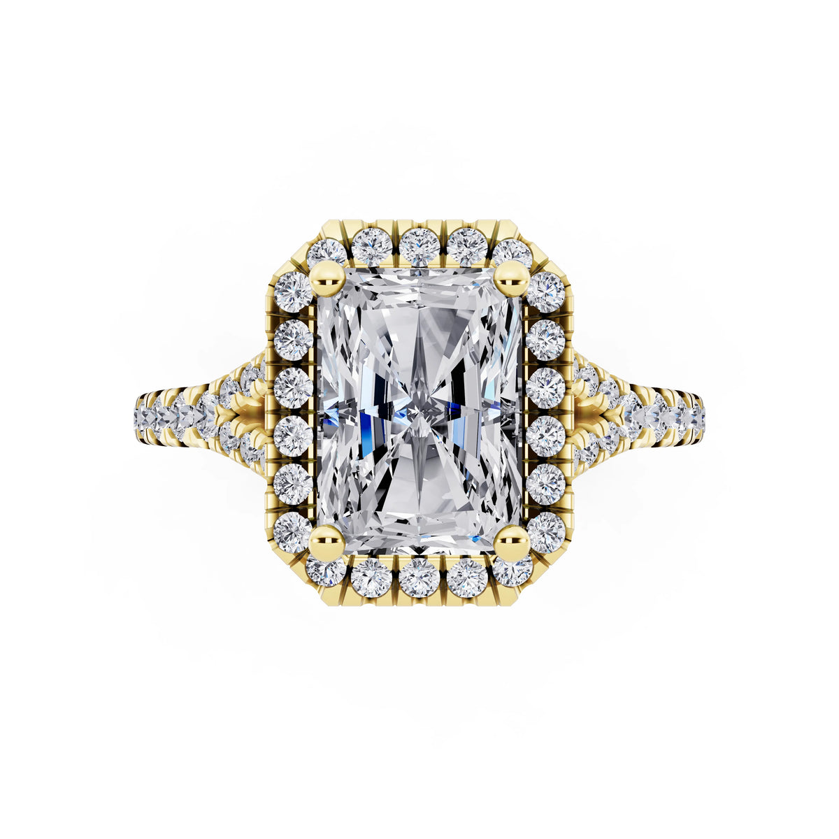 18 KT Yellow Gold Radiant Cut Diamond Halo Ring with Split Shank - top angle