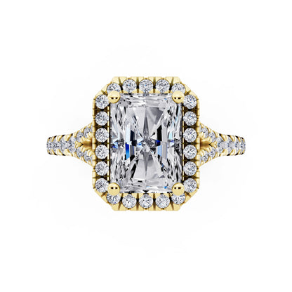18 KT Yellow Gold Radiant Cut Diamond Halo Ring with Split Shank - top angle