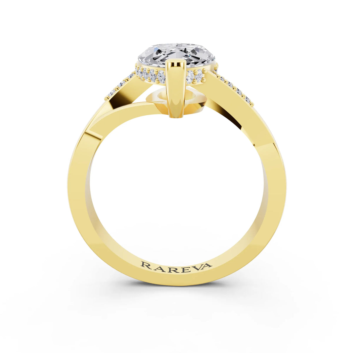 14 KT Yellow Gold Marquise Cut Diamond Split Shank Engagement Ring with Hidden Halo - through finger