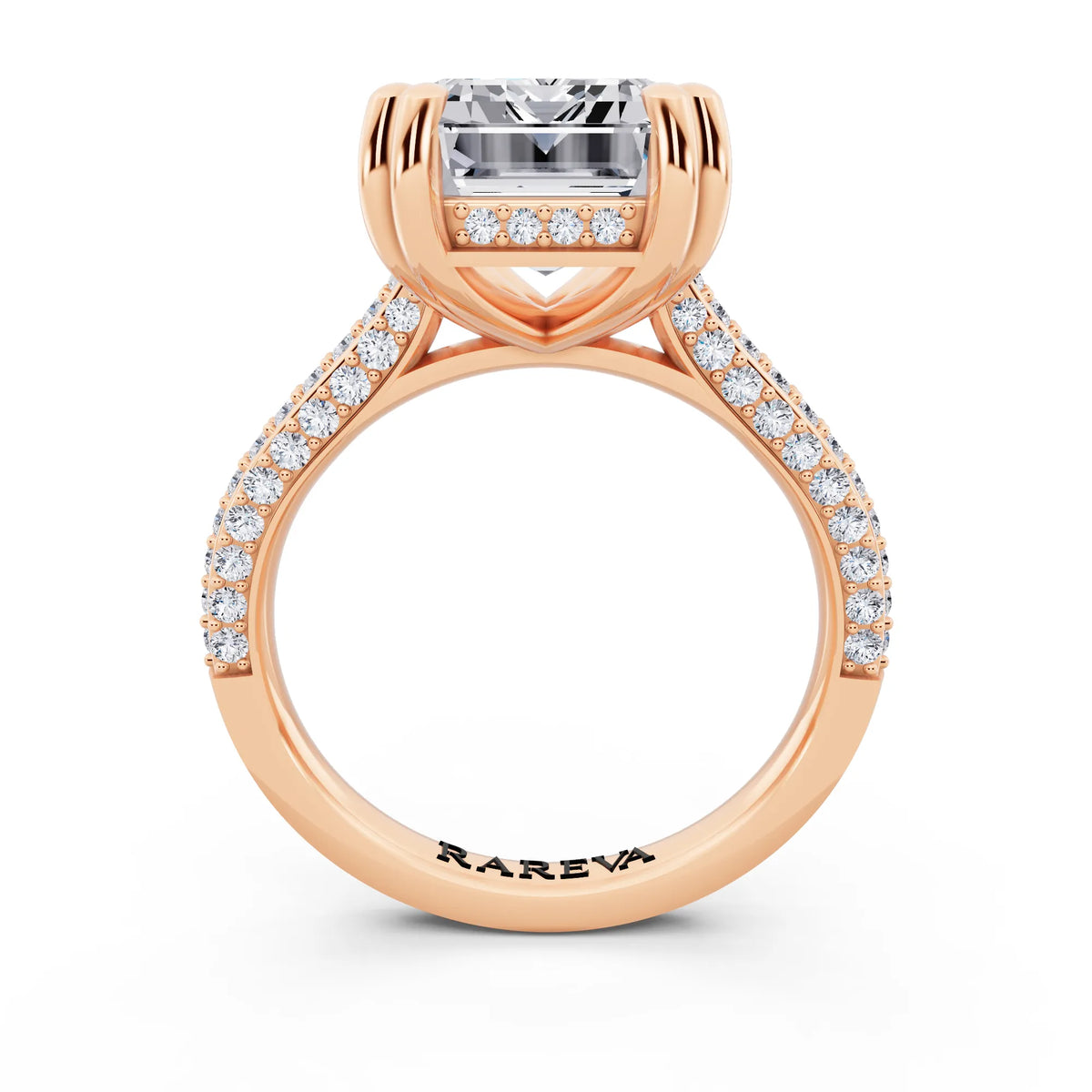 14 KT Rose Gold Emerald Cut Diamond Hidden Halo Double Claw Pave Band Ring - through finger