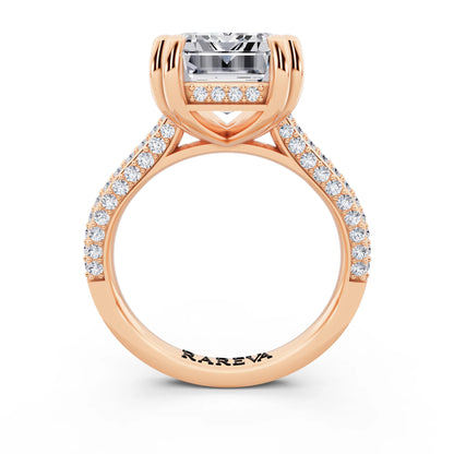 14 KT Rose Gold Emerald Cut Diamond Hidden Halo Double Claw Pave Band Ring - through finger
