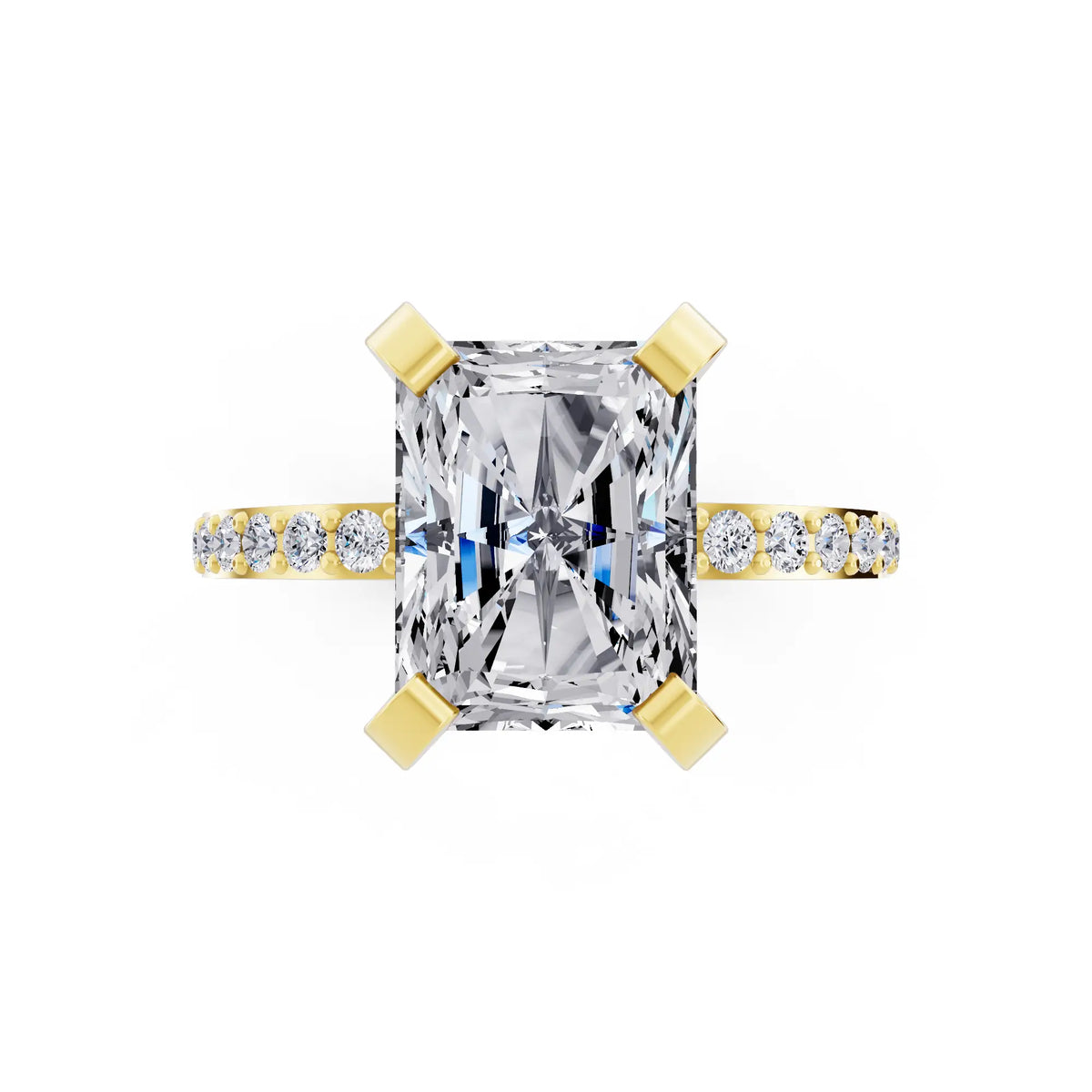 18 KT Yellow Gold Radiant Cut Diamond Solitaire Ring with Pave Shank - top angle
