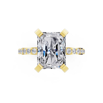 18 KT Yellow Gold Radiant Cut Diamond Solitaire Ring with Pave Shank - top angle