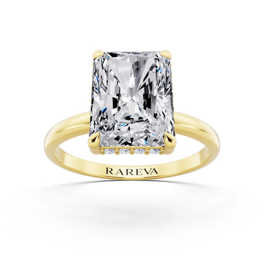 18 KT Yellow Gold Radiant Cut Diamond Hidden Halo Solitaire Ring - front view