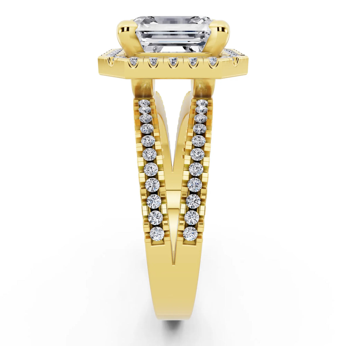 18 KT Yellow Gold Asscher Cut Diamond Halo Ring with Pave Split Shank - side view