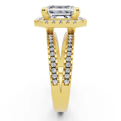 18 KT Yellow Gold Asscher Cut Diamond Halo Ring with Pave Split Shank - side view