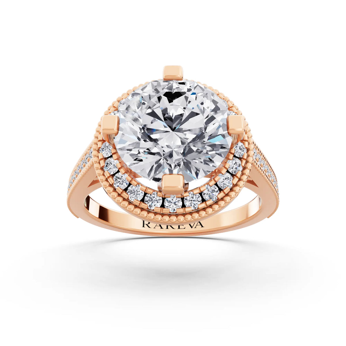 18 KT Rose Gold Round Cut Diamond Vintage Halo Ring with Milgrain Band - Front