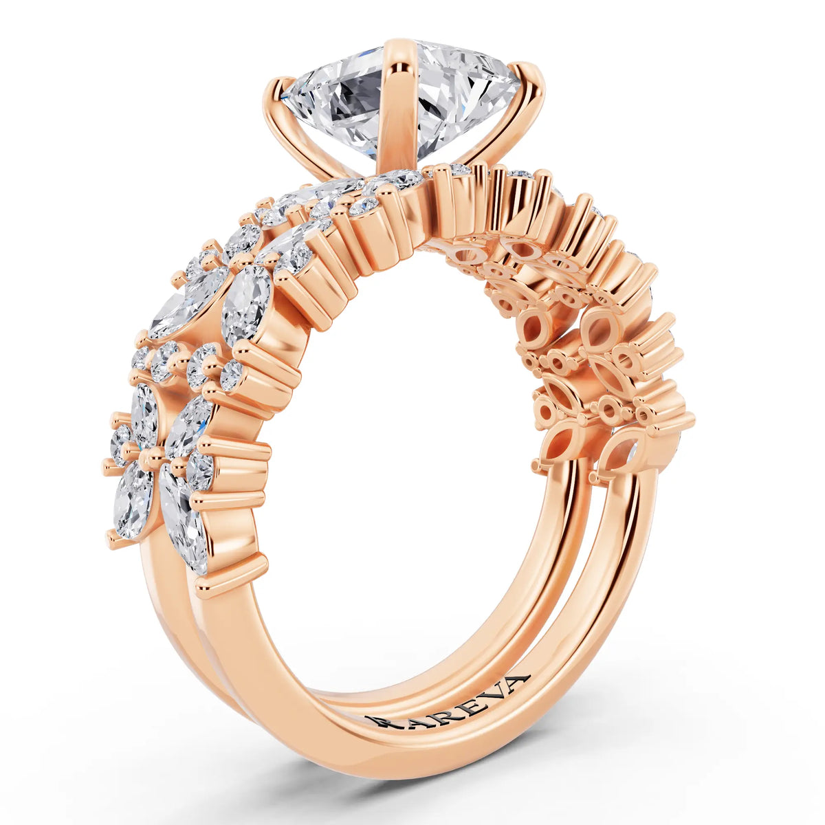 18 KT Rose Gold Radiant Cut Diamond Ring with Marquise Cluster Band - top view