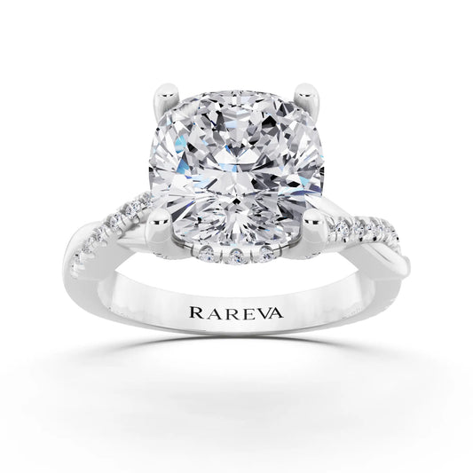 18 KT White Gold Cushion Cut Diamond Hidden Halo Ring with Twisted Pave Band - front view