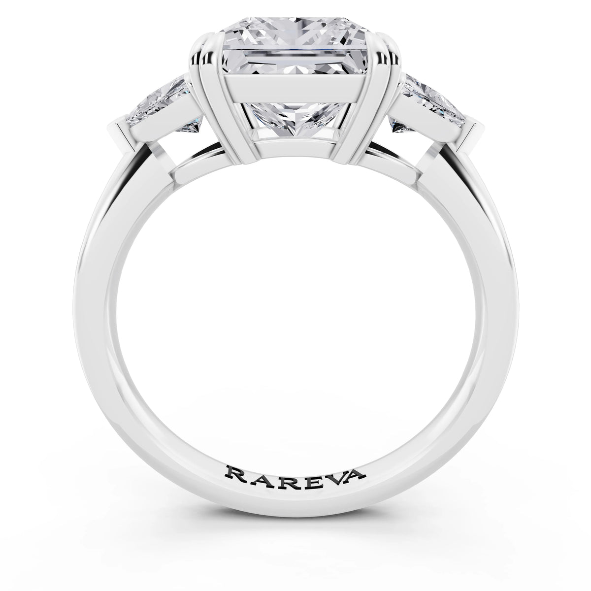 18 KT White Gold Princess Cut Diamond Three Stone Ring with Trillion Accents - through finger