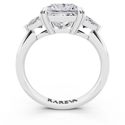 18 KT White Gold Princess Cut Diamond Three Stone Ring with Trillion Accents - through finger