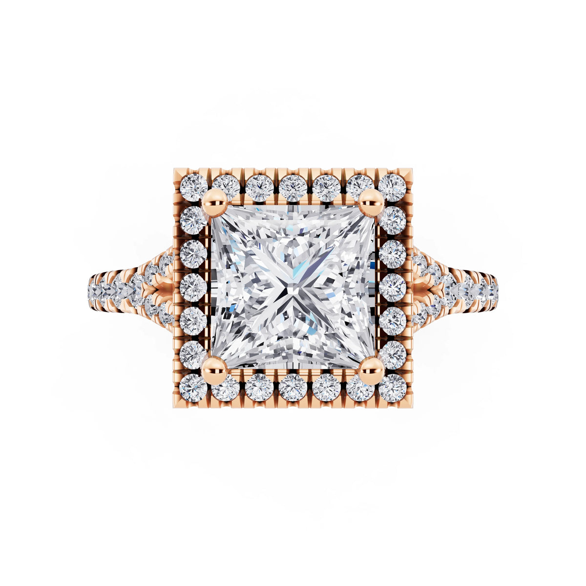 14 KT Rose Gold Princess Cut Diamond Halo Ring with Split Shank - top angle