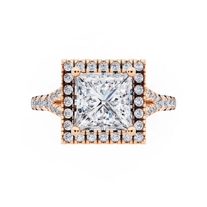 14 KT Rose Gold Princess Cut Diamond Halo Ring with Split Shank - top angle