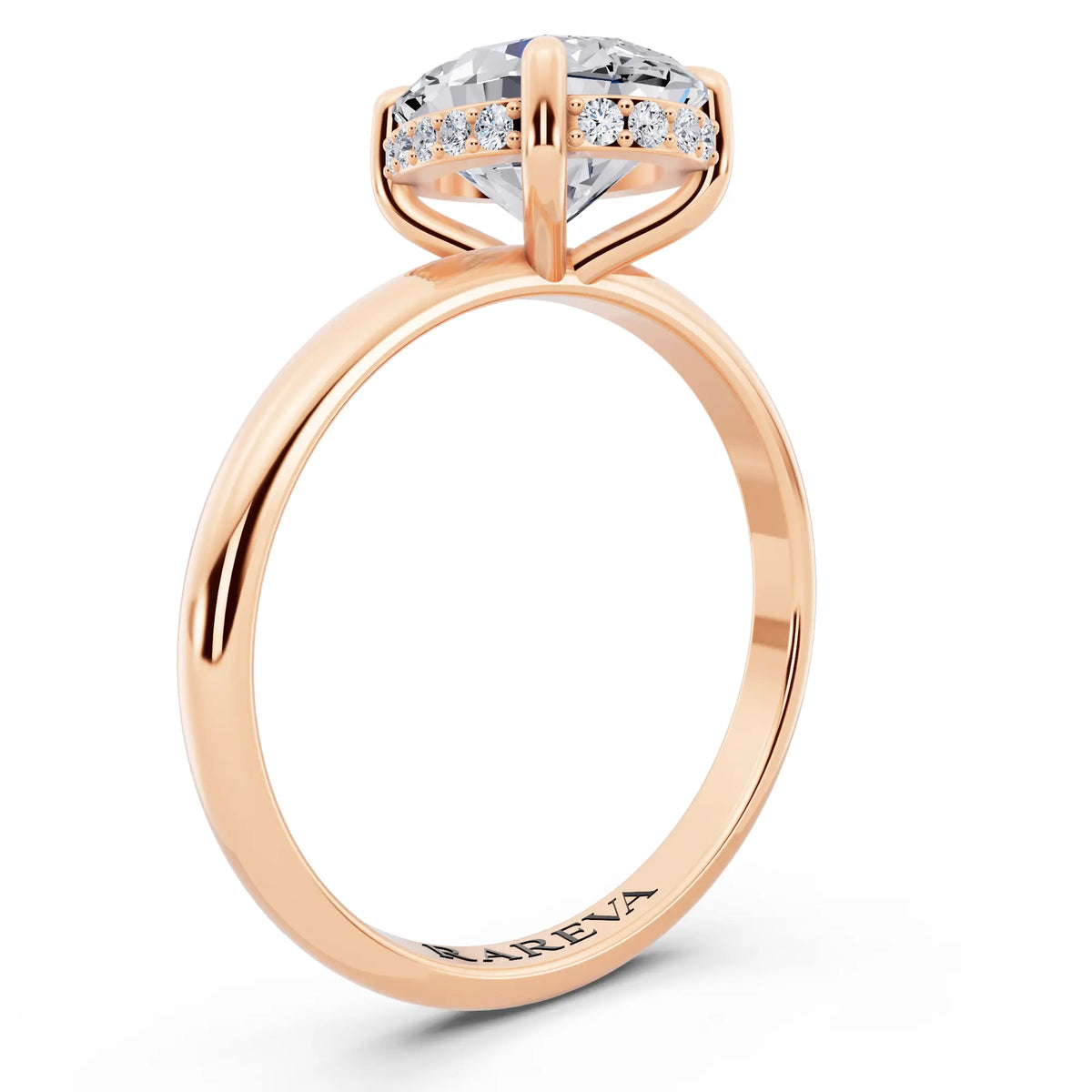 18 KT Rose Gold Oval Cut Diamond Hidden Halo Solitaire Ring - top view