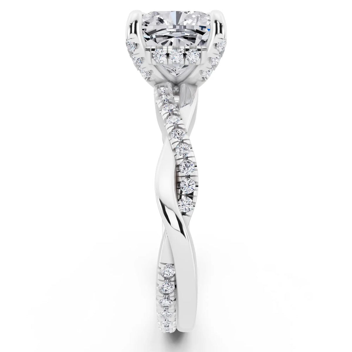 Platinum Cushion Cut Diamond Hidden Halo Ring with Twisted Pave Band - side view