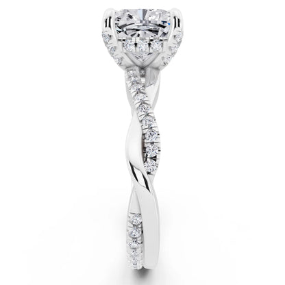 Platinum Cushion Cut Diamond Hidden Halo Ring with Twisted Pave Band - side view