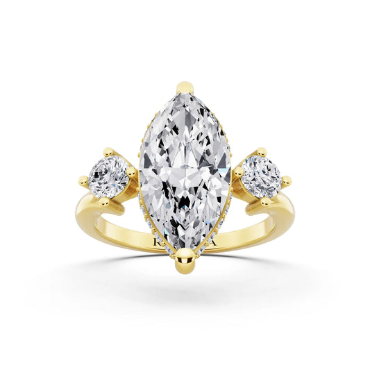 14 KT Yellow Gold Marquise Cut Diamond Three Stone Engagement Ring with Hidden Halo - front view