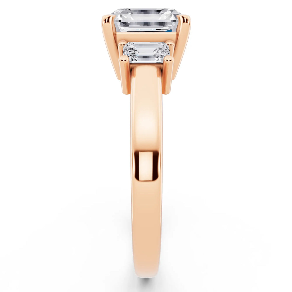18 KT Rose Gold Asscher Cut Diamond Three Stone Emerald Accent Ring - side view