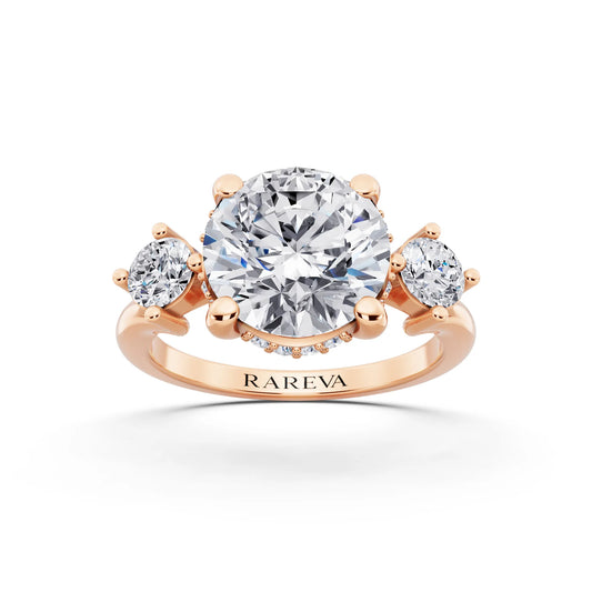 18 KT Rose Gold Round Cut Diamond Three Stone Engagement Ring with Hidden Halo - front view