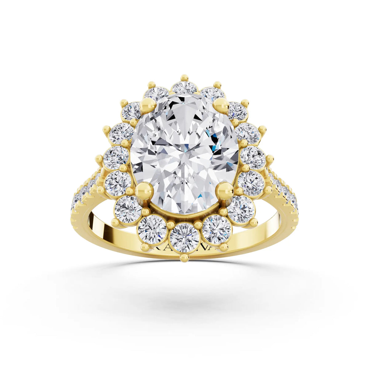 18 KT Yellow Gold Oval Cut Diamond Floral Halo Ring with Pave Band - Front