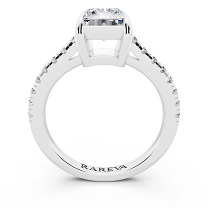 Platinum Radiant Cut Diamond Claw Prong Solitaire Ring with French Pave Band - through finger