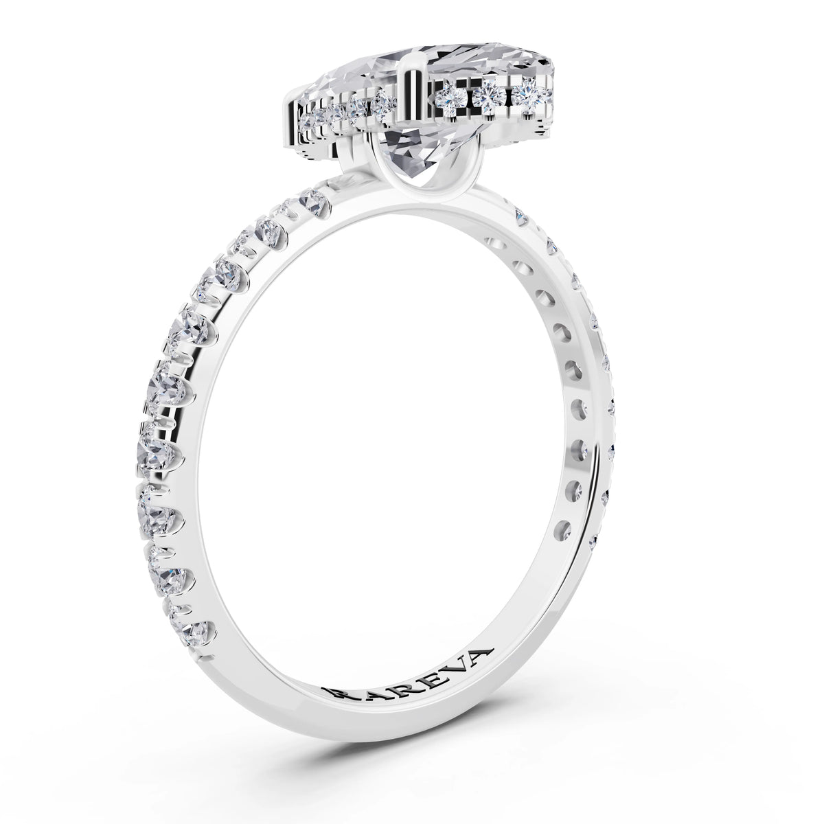 Platinum Marquise Cut Diamond Solitaire Ring with Hidden Halo and French Pave Band - top view
