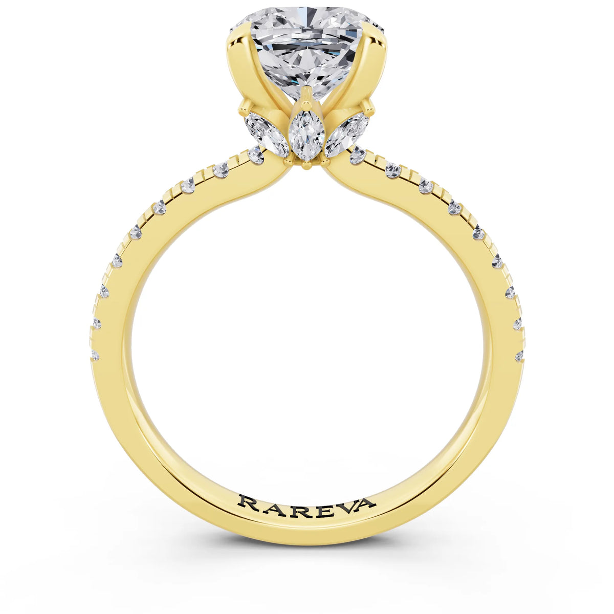 18 KT Yellow Gold Cushion Cut Diamond Solitaire Ring with Marquise Collar - through finger