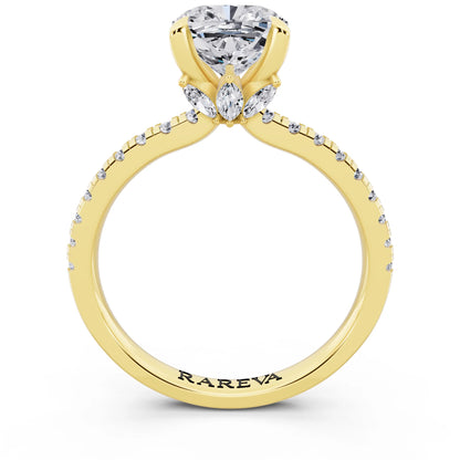 18 KT Yellow Gold Cushion Cut Diamond Solitaire Ring with Marquise Collar - through finger