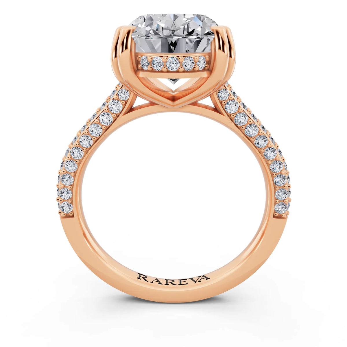 14 KT Rose Gold Oval Cut Diamond Hidden Halo Double Claw Pave Band Ring - through finger