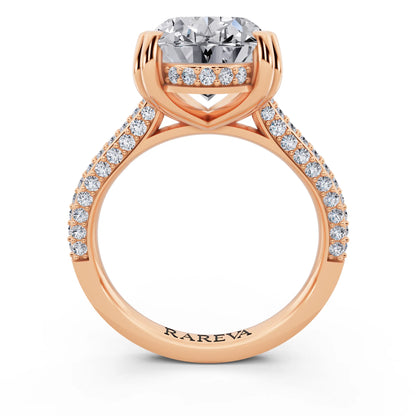 14 KT Rose Gold Oval Cut Diamond Hidden Halo Double Claw Pave Band Ring - through finger