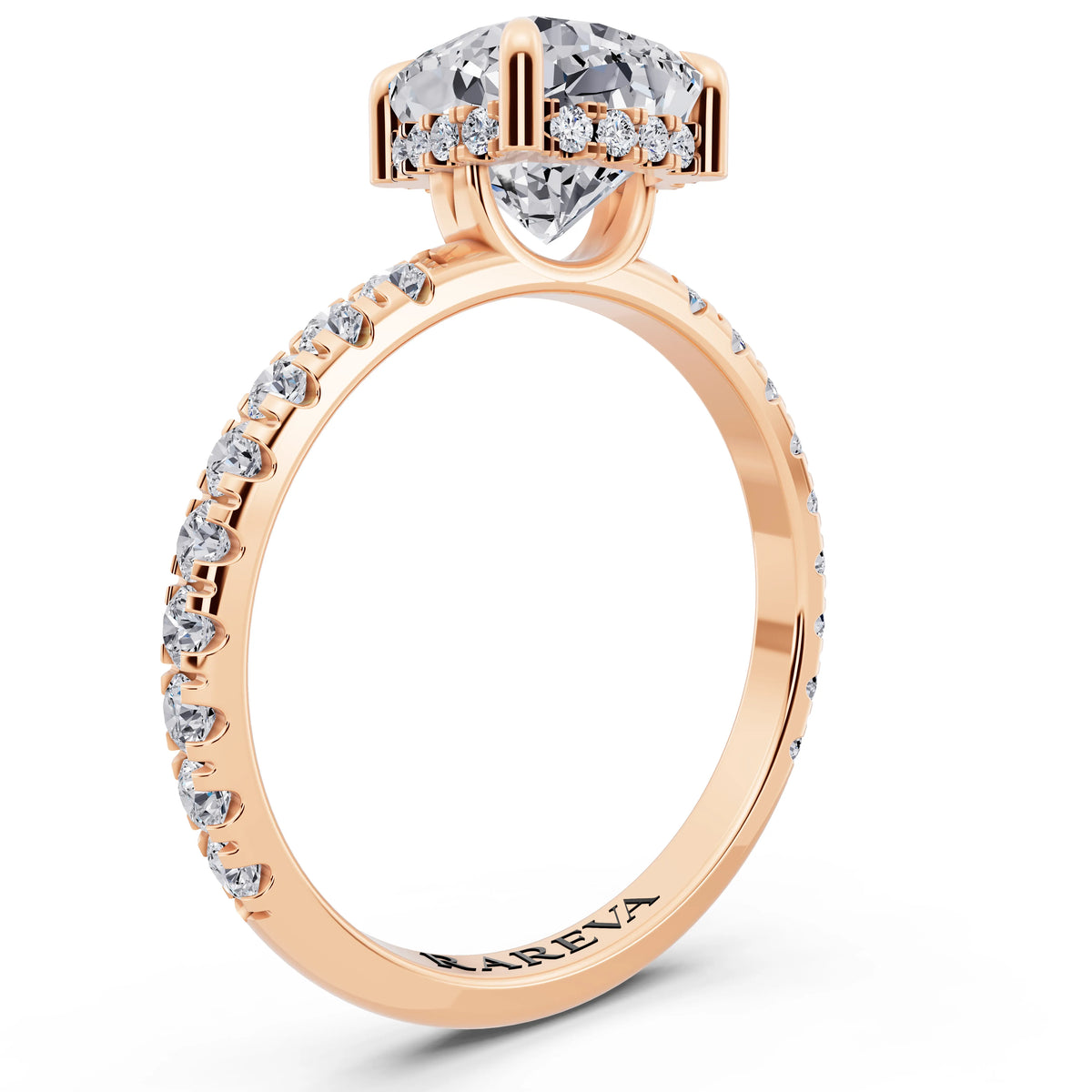 14 KT Rose Gold Cushion Cut Diamond Solitaire Ring with Hidden Halo and French Pave Band - top view