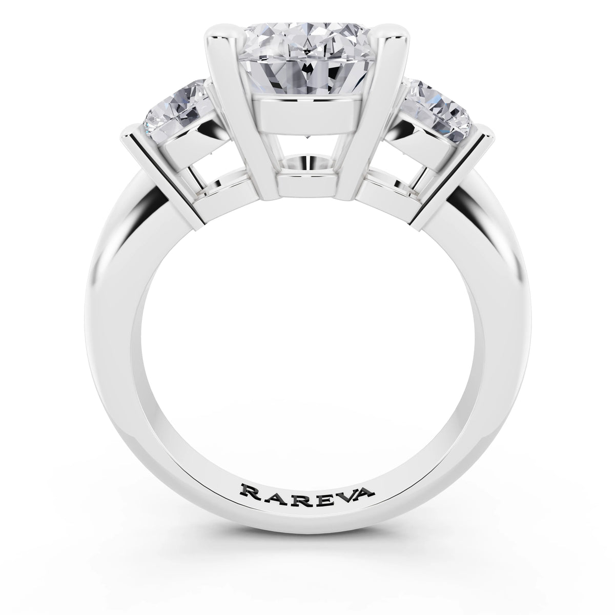 18 KT White Gold Oval Cut Diamond Three Stone Ring with Round Accents - through finger