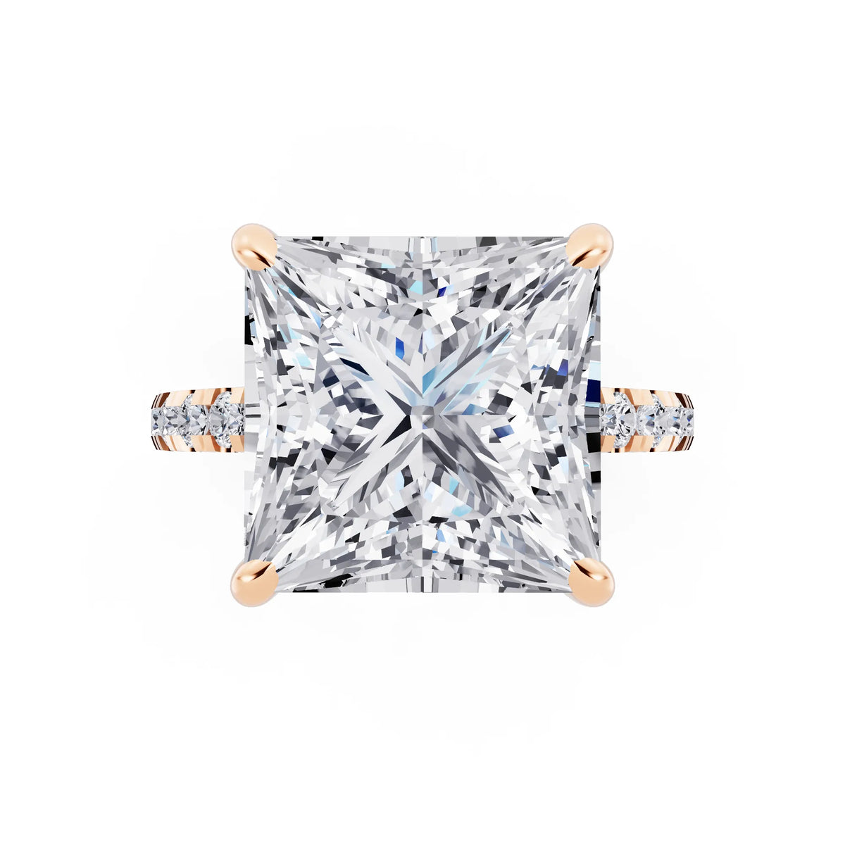 14 KT Rose Gold Princess Cut Diamond Hidden Halo Tiger Prong Pave Band Ring - top angle