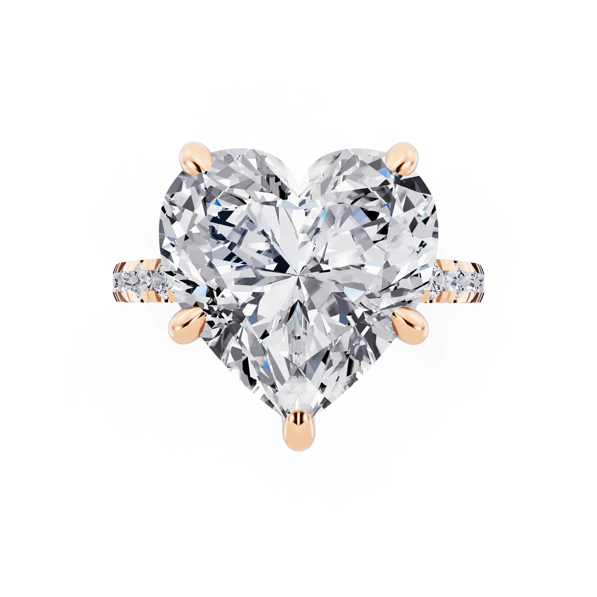 14 KT Rose Gold Heart Cut Diamond Hidden Halo Tiger Prong Pave Band Ring - top angle
