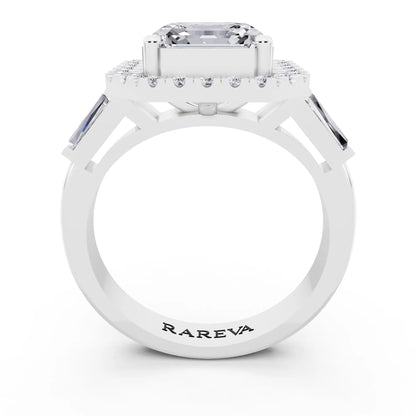 14 KT White Gold Asscher Cut Diamond Halo Ring with Baguette Accents - through finger