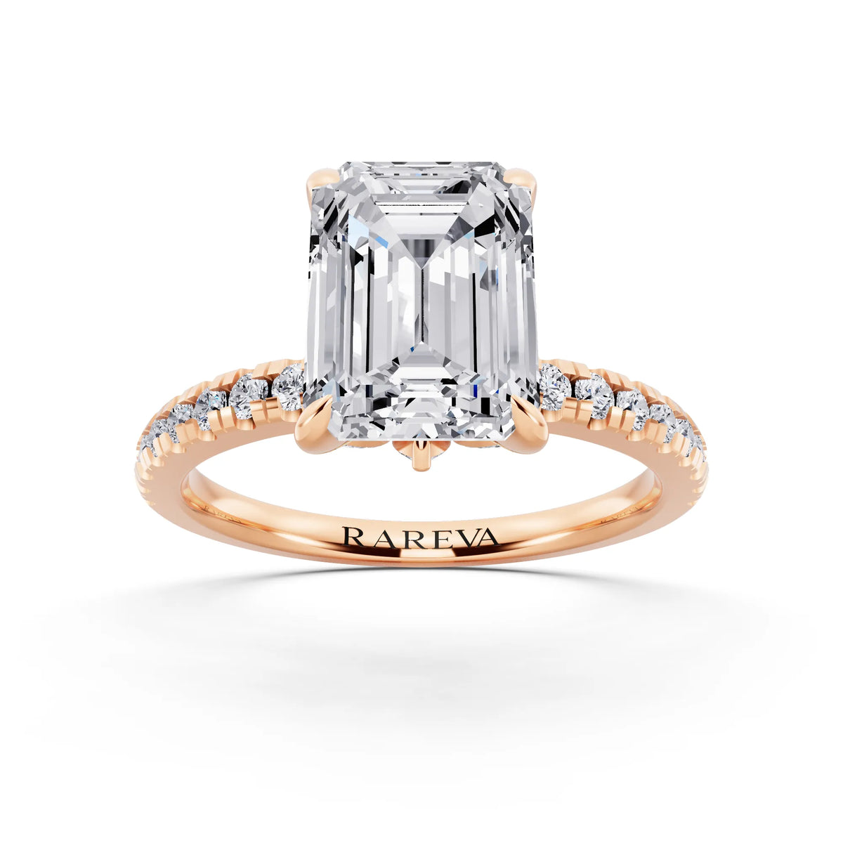18 KT Rose Gold Emerald Cut Diamond Solitaire Ring with Marquise Collar - front view