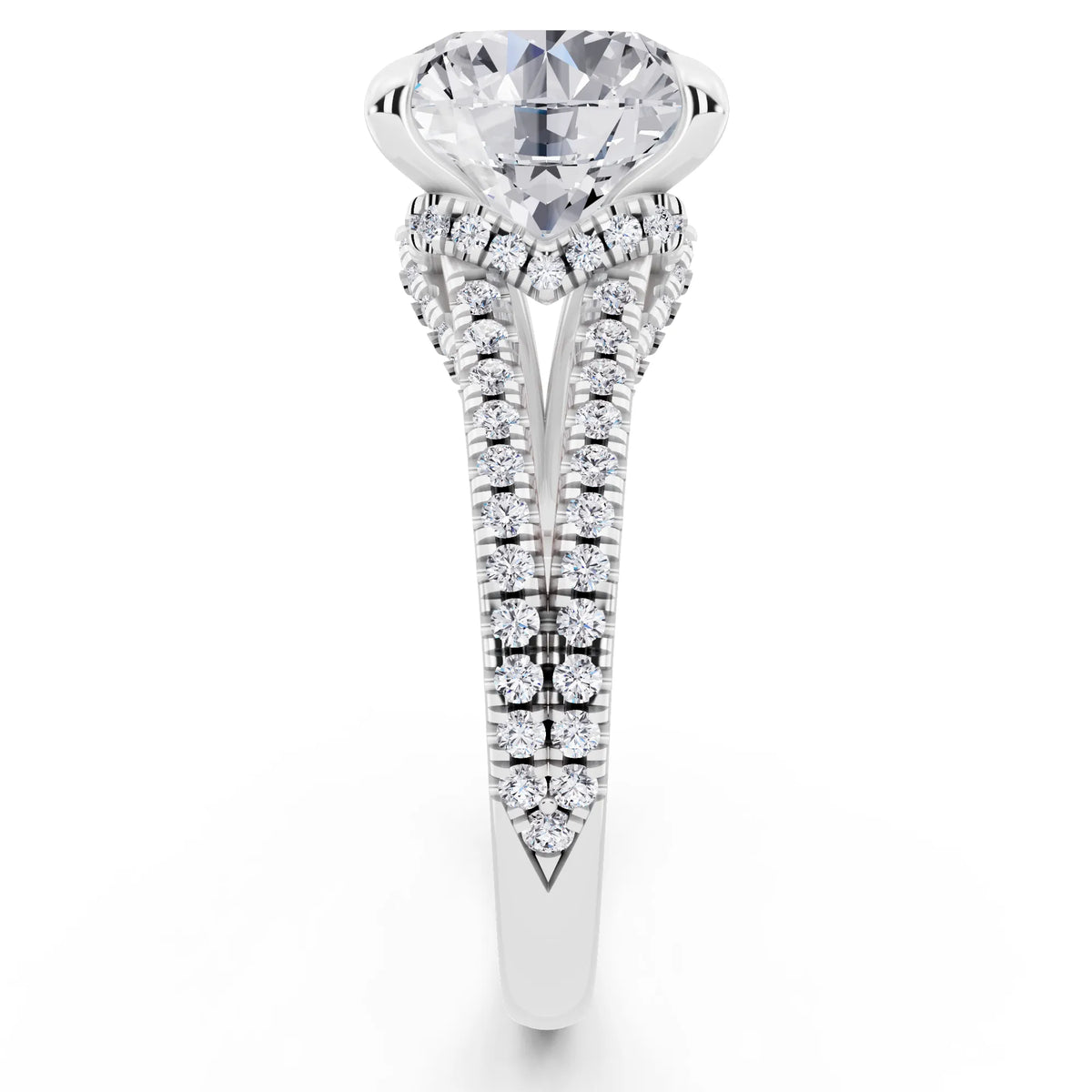 18 KT White Gold Round Cut Diamond Ring with Pavé Split Shank - side view